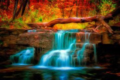 Artistic golden-toned rendering of Caron Falls